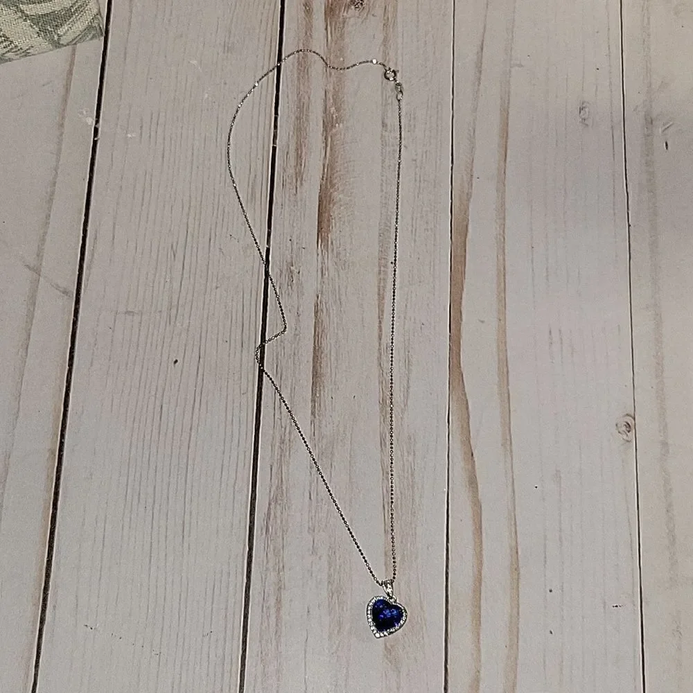 Blue Obsidian & Cubic Zirconia Platinum over 925 Silver Heart Pendant Necklace